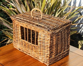 Vintage French handmade wicker pet carrier / mid-century cat or small animal carry basket