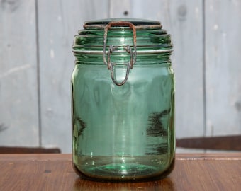 Barattoli di presere in vetro verde DURFOR vintage francese da 1 litro / barattolo di conservazione per conserve francese da 1 litro degli anni '50