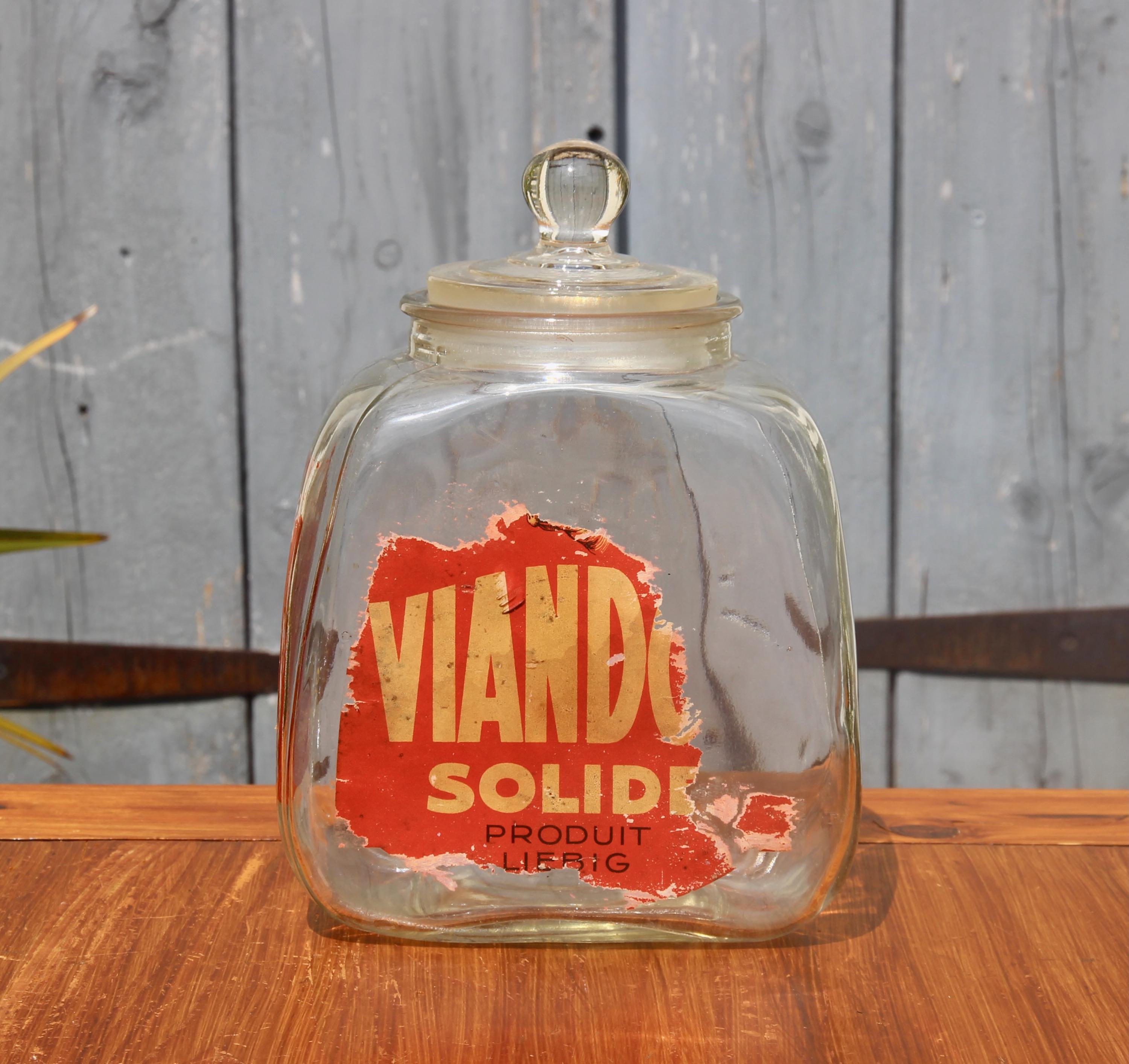 Vintage French VIANDOX SOLIDE 1940s large glass kitchen storage jar