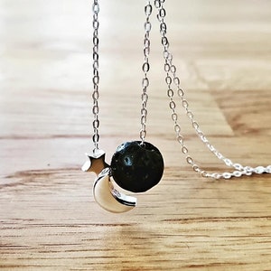 Aromatherapy Necklace, Moon, Star, anxiety relief jewellery, Essential oil diffuser lava stone, sterling silver crescent