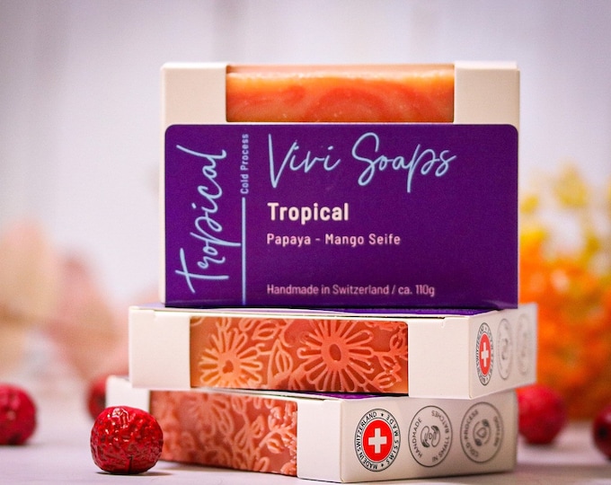 Featured listing image: Tropical - fruity summer soap with papaya and mango scent - vegan, handmade natural soap - cold process soap - gift