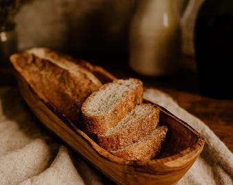 Rustic long olive wood bowl - handmade bowl for bread, snacks or decoration - Made in Germany - Gift - Hand carved