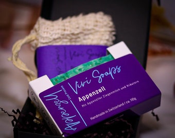 Mini Seifen Box - handgemachte Naturseife mit Sisal Seifensäckchen aus Agave - Geschenk Set - Frei von Palmöl - Made in Switzerland