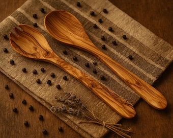 Olive wood salad servers - Rustic serving forks - Handmade in Germany - Fork and spoon 30 cm - Gift - Cooking spoon