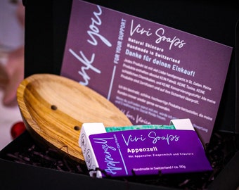 Seifen Geschenkset Simple - handgemachte Naturseife mit Olivenholz Seifenschale - Made in Switzerland - Vegan - kaltgerührte Seife