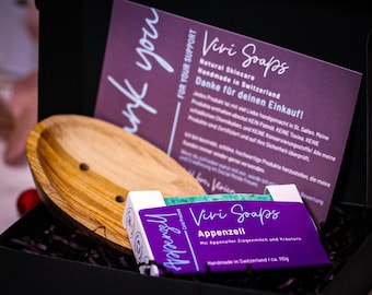Soap Gift Set Simple - handmade natural soap with olive wood soap dish - Made in Switzerland - Vegan - cold-pressed soap