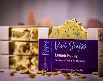 Lemon Poppy - handgemachte Naturseife mit Zitronen Duft und Mohnsamen - Geschenk - Vegan - Cold Process Soap - Made in Switzerland