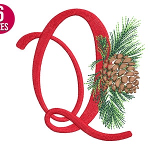Diseño de bordado del alfabeto navideño, letra Q, cono de pino, fuente, archivo de bordado a máquina, descarga instantánea
