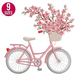 花柄自転車、桜の花の自転車刺繍デザイン、機械刺繍ファイル、即時ダウンロード