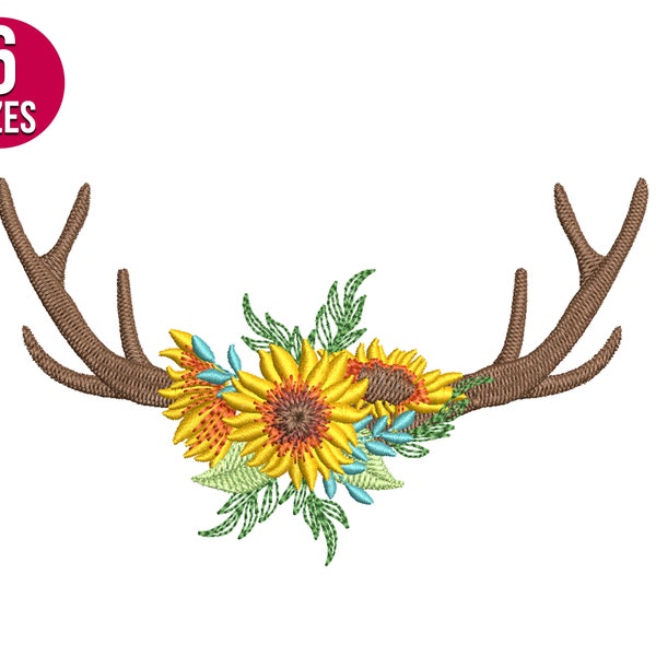 Deer Antlers embroidery design, sunflower, floral, country, Machine embroidery file, Instant Download