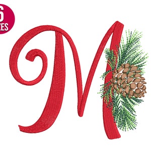 Desenho de bordado de alfabeto de Natal, letra M, pinha, fonte, arquivo de bordado à máquina, download instantâneo