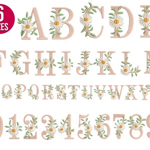 Motif de broderie floral Daisy police alphabet bundle, fichier de broderie machine, téléchargement immédiat