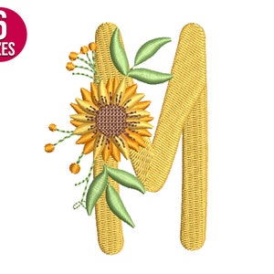 Floral Font tournesol alphabet M lettre broderie design, Fichier de broderie machine, Téléchargement instantané