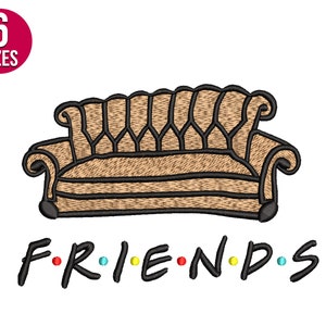 Diseño de bordado de amigos con sofá, archivo de bordado de máquina, fuente Friends tvshow, descarga instantánea