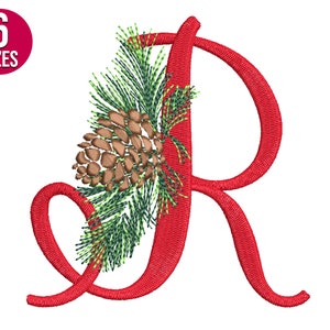 Desenho de bordado do alfabeto de Natal, letra R, pinha, fonte, arquivo de bordado à máquina, download instantâneo