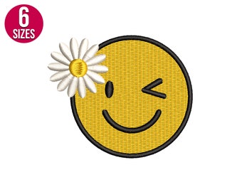 Smiley face embroidery design, daisy flower, Machine embroidery pattern, Digital download