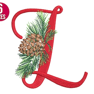 Diseño de bordado del alfabeto navideño, letra L, cono de pino, fuente, archivo de bordado a máquina, descarga instantánea