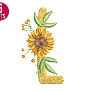 Floral Font girasol alfabeto L diseño de bordado de letras, Archivo de bordado de máquina, Descarga instantánea