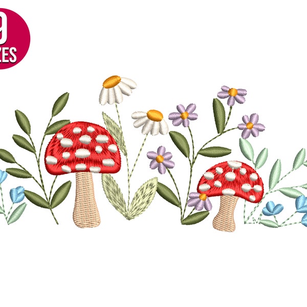 Wildflowers with Mushrooms embroidery design, Garden, Machine embroidery file, Instant Download