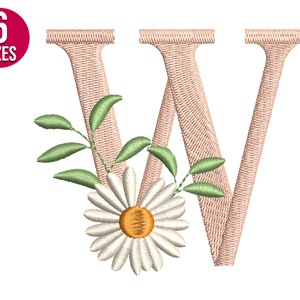 Diseño de bordado de letra W del alfabeto de flores de fuente floral, archivo de bordado de máquina, descarga instantánea