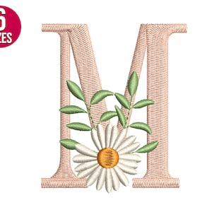 Diseño de bordado de la letra M del alfabeto floral, archivo de bordado a máquina, descarga instantánea