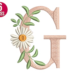 Diseño de bordado de letra G del alfabeto de flores de fuente floral, archivo de bordado de máquina, descarga instantánea