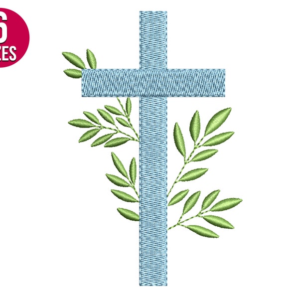 Cross with leaves embroidery design, Easter design, Machine embroidery file, Baptisam, Digital download