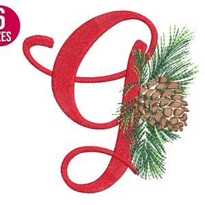 Diseño de bordado del alfabeto navideño, letra G, cono de pino, fuente, archivo de bordado a máquina, descarga instantánea