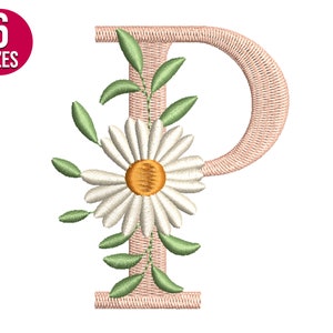 Diseño de bordado de letra P del alfabeto de flores de fuente floral, archivo de bordado de máquina, descarga instantánea