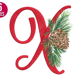 Diseño de bordado del alfabeto navideño, letra x, cono de pino, fuente, archivo de bordado a máquina, descarga instantánea