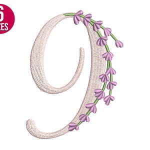 Lavender Flower Font Alphabet Number Nine 9 Embroidery Design, Machine ...