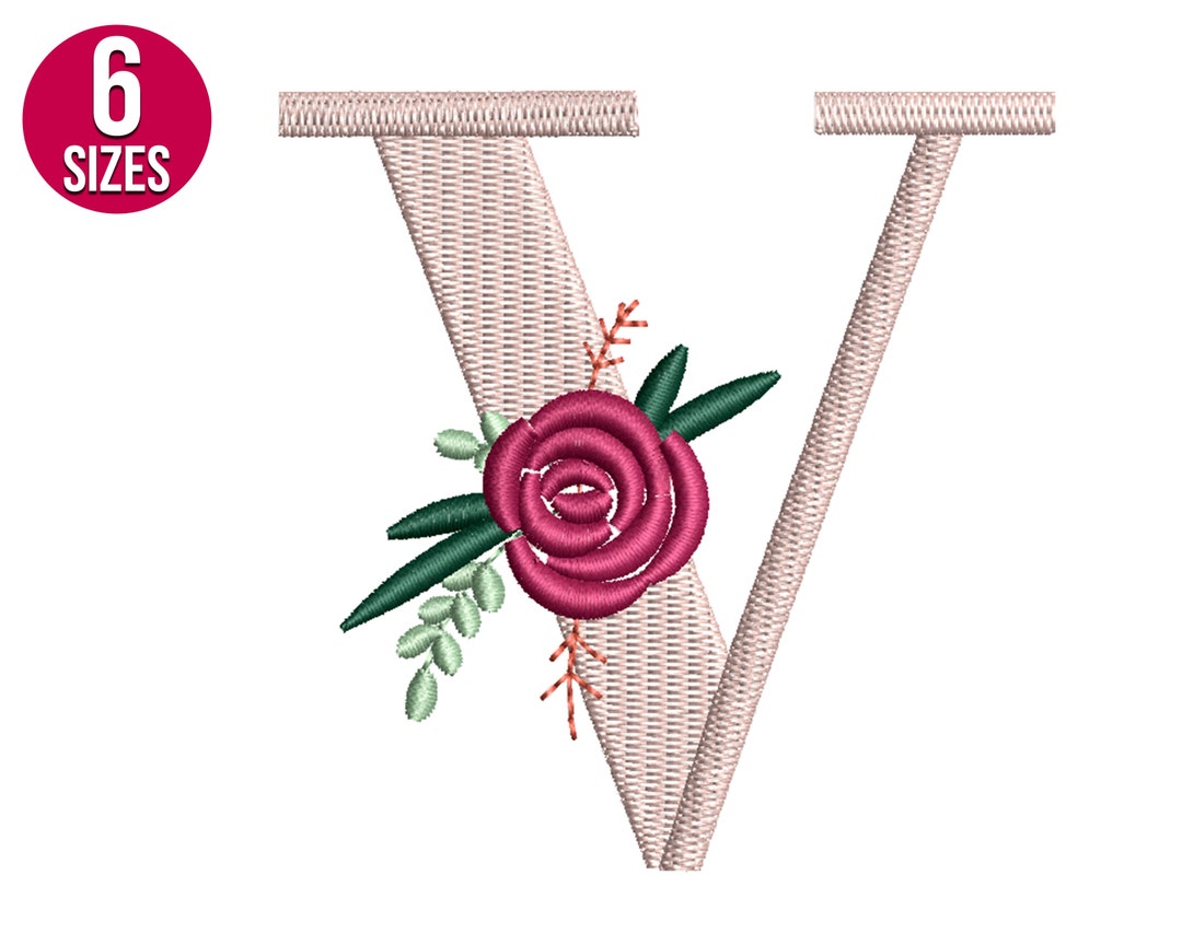 Floral Font Flower Alphabet V Letter Embroidery Design, Machine
