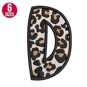 Diseño de bordado de la letra D del alfabeto con estampado de leopardo, fuente, patrón de bordado a máquina, descarga instantánea