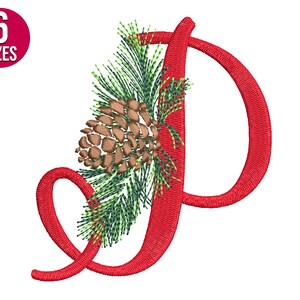Diseño de bordado del alfabeto navideño, letra P, cono de pino, fuente, archivo de bordado a máquina, descarga instantánea