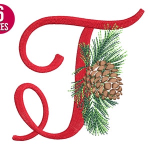 Diseño de bordado del alfabeto navideño, letra T, cono de pino, fuente, archivo de bordado a máquina, descarga instantánea