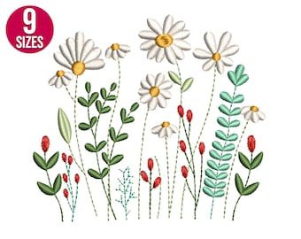 Wildflowers embroidery design, Daisy, plants, Machine embroidery file, Instant Download