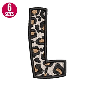 Diseño de bordado de la letra L del alfabeto con estampado de leopardo, fuente, patrón de bordado a máquina, descarga instantánea