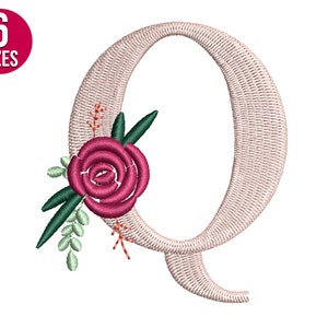 Fuente floral Alfabeto floral Q letra diseño de bordado, archivo de bordado a máquina, descarga instantánea