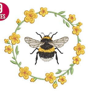 Bee wreath embroidery design, Floral, Machine embroidery file, Instant download