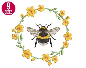 Bee wreath embroidery design, Floral, Machine embroidery file, Instant download