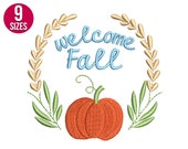 Welcome fall, Pumpkin embroidery design, thanksgiving Machine embroidery file, Instant download
