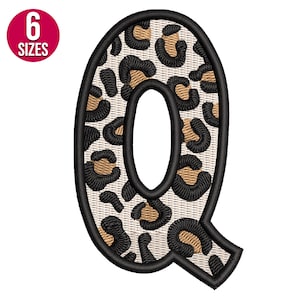 Diseño de bordado de la letra Q del alfabeto con estampado de leopardo, fuente, patrón de bordado a máquina, descarga instantánea