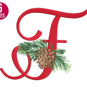 Diseño de bordado del alfabeto navideño, letra F, cono de pino, fuente, archivo de bordado a máquina, descarga instantánea