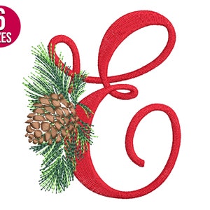 Diseño de bordado del alfabeto navideño, letra E, cono de pino, fuente, archivo de bordado a máquina, descarga instantánea