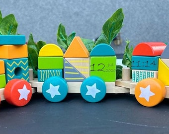 Wooden Personalised Train Set Kids Engraved Custom Multi Coloured Unisex Educational Shapes Name Time Date of Birth Stacking