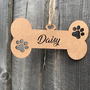 Personalised Engraved Wooden Dog Name Bone Shaped Sign, Dog Bed/Cage Gift, Hanging Plaque Christmas