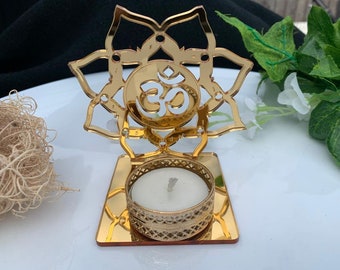 Aum Diya, om Diya Ganesh  tea light candle and holder Shadow Diya, Diva Meditation Diwali Gold Acrylic