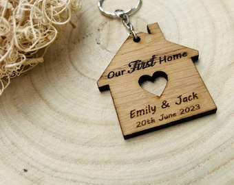 Personalised New Home Gift, Our First Home - House Shaped Wooden Keyrings, Personalized Home Sweet Home Present, For Couples Wife Husband