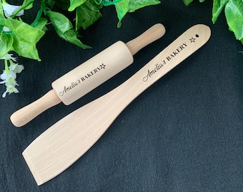 Personalised kids Wooden Utensils Engraved Rolling pin Set Wooden Spatula Mini Chef Star Baker Set Junior Chef Gift