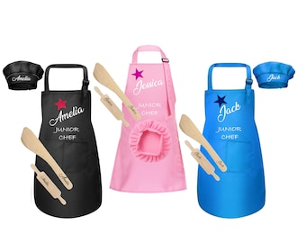 kids Personalised apron with Hat And Engraved rolling pin Wooden Spatula Mini Chef Star Baker Set   gift